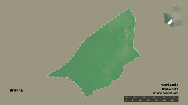 モーリタニア地方のブラクナの形で その首都はしっかりとした背景に隔離されています 距離スケール リージョンプレビュー およびラベル 地形図 3Dレンダリング — ストック写真