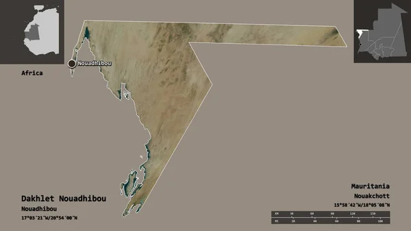 ダクレット ヌアディブ モーリタニアの地域 首都の形 距離スケール プレビューおよびラベル 衛星画像 3Dレンダリング — ストック写真