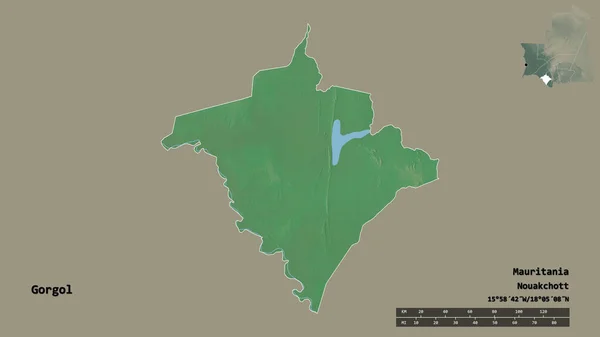 モーリタニアのゴルゴルの形で その首都はしっかりとした背景に隔離されています 距離スケール リージョンプレビュー およびラベル 地形図 3Dレンダリング — ストック写真