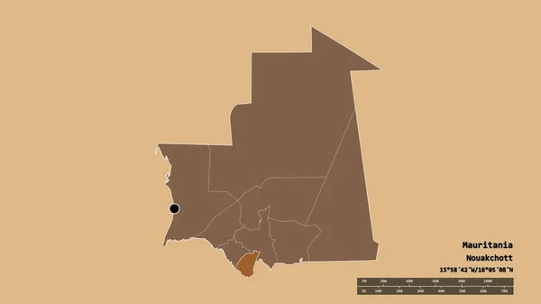 Desaturerad Form Mauretanien Med Dess Huvudstad Huvudsakliga Regionala Indelning Och — Stockfoto