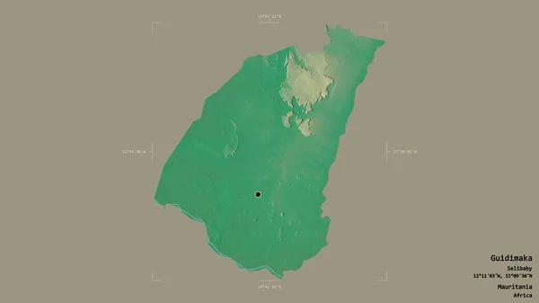 モーリタニアの地域であるギディマカの地域は 洗練された境界線の箱の中にしっかりとした背景に隔離されています ラベル 地形図 3Dレンダリング — ストック写真