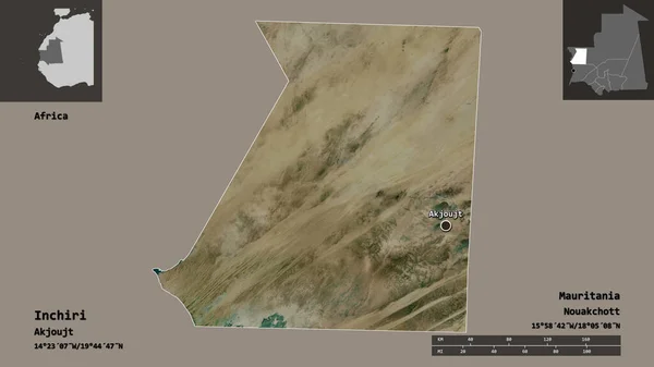Inchiriの形 モーリタニアの地域 およびその首都 距離スケール プレビューおよびラベル 衛星画像 3Dレンダリング — ストック写真