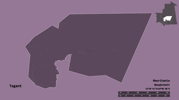 塔甘特的形状 毛里塔尼亚地区 其首都孤立的坚实的背景 距离尺度 区域预览和标签 彩色高程图 3D渲染 — 图库照片