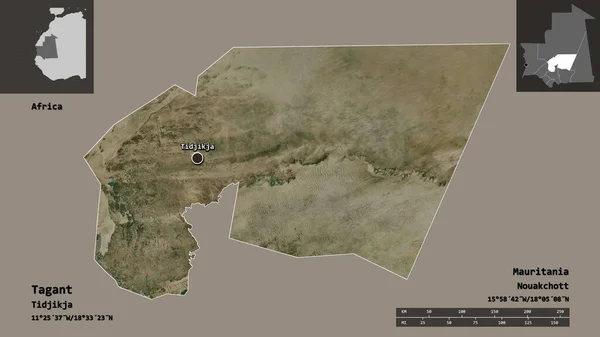塔甘特形状 毛里塔尼亚地区及其首都 距离刻度 预览和标签 卫星图像 3D渲染 — 图库照片