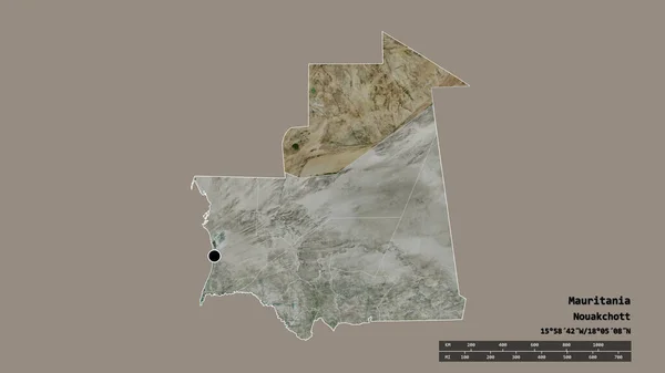 主要な地域部門と分離されたティリス ゼモア地域とモーリタニアの荒廃した形 ラベル 衛星画像 3Dレンダリング — ストック写真