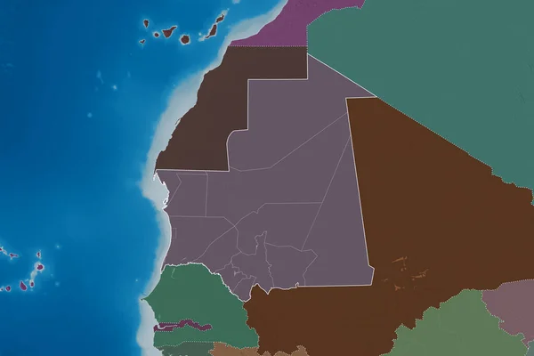 モーリタニアの国の概要 国際および地域の国境と拡大地域 色の標高マップ 3Dレンダリング — ストック写真