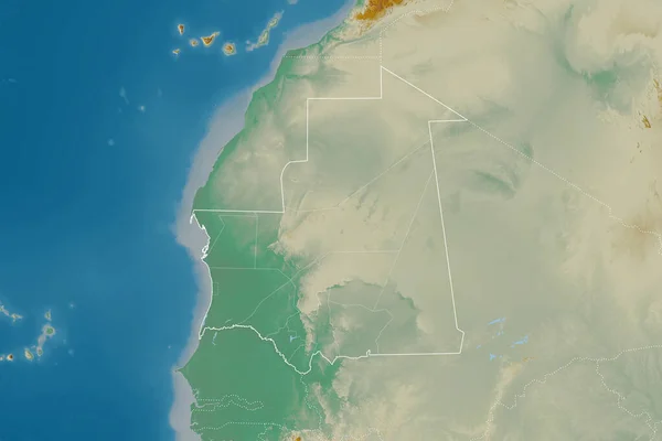 Extended Area Mauritania Country Outline International Regional Borders Topographic Relief — Stock Photo, Image