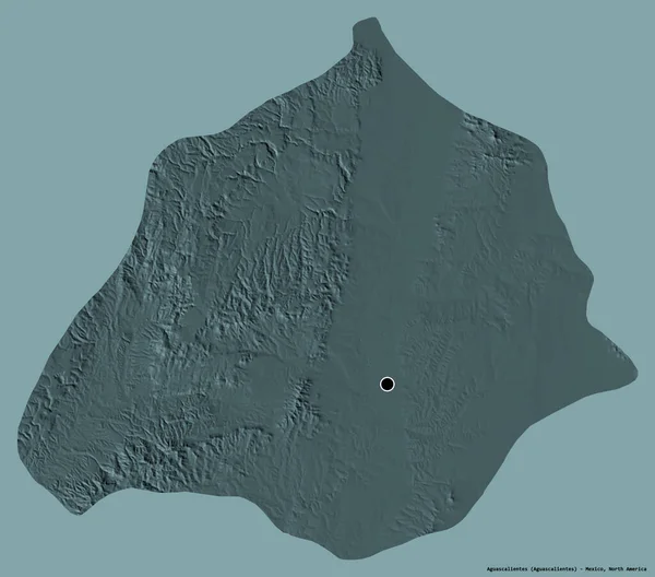 Meksika eyaleti Aguascalientes 'in şekli. Başkenti koyu renk arka planda izole edilmiş. Renkli yükseklik haritası. 3B görüntüleme
