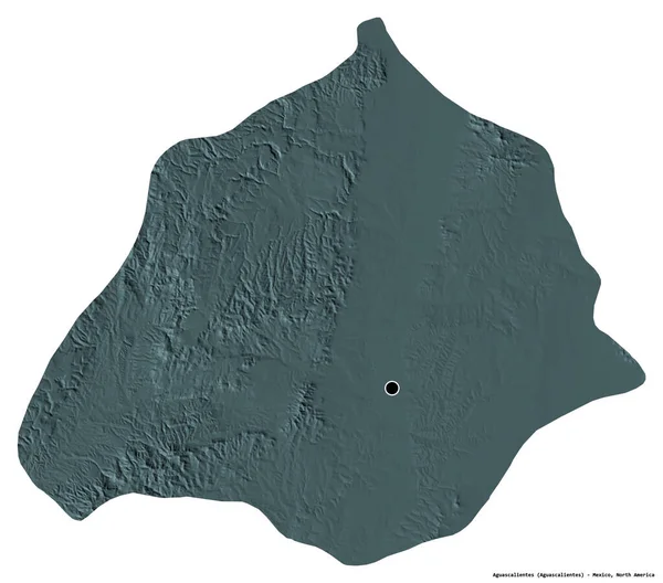 Aguascalientes, Meksika eyaleti, başkenti beyaz arka planda izole edilmiş. Renkli yükseklik haritası. 3B görüntüleme