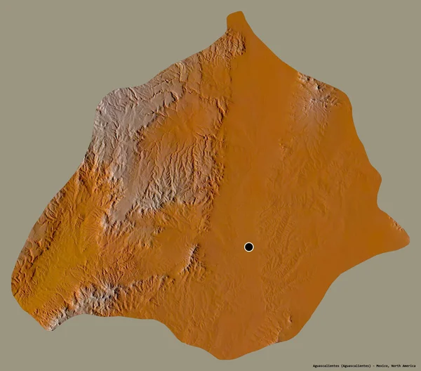 Meksika eyaleti Aguascalientes 'in şekli. Başkenti koyu renk arka planda izole edilmiş. Topografik yardım haritası. 3B görüntüleme