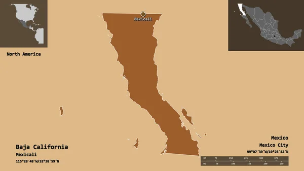 カリフォルニア州 メキシコ州 首都の形 距離スケール プレビューおよびラベル 規則的にパターン化されたテクスチャの構成 3Dレンダリング — ストック写真