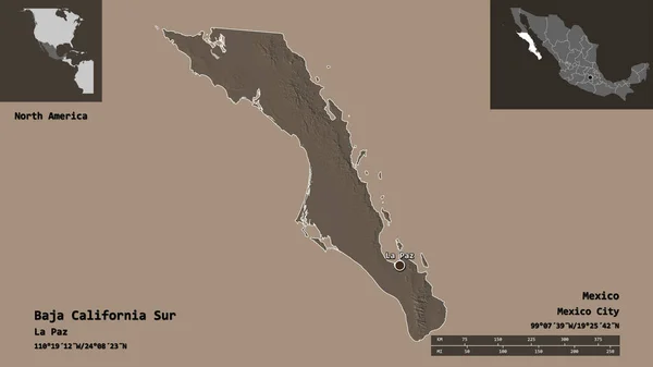 Shape Baja California Sur State Mexico Its Capital Distance Scale — Stock Photo, Image