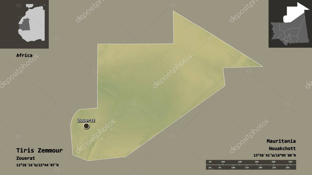Forma de Tiris Zemmour, región de Mauritania, y su capital. Escala de