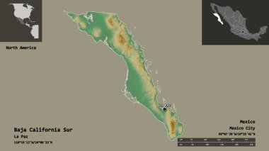 Baja California Sur 'un şekli, Meksika eyaleti ve başkenti. Uzaklık ölçeği, ön gösterimler ve etiketler. Topografik yardım haritası. 3B görüntüleme