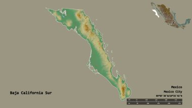 Baja California Sur 'un şekli, Meksika eyaleti, başkenti sağlam arka planda izole edilmiş. Uzaklık ölçeği, bölge önizlemesi ve etiketleri. Topografik yardım haritası. 3B görüntüleme
