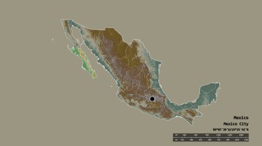 Başkenti, ana bölgesel bölümü ve ayrılmış Baja California Sur bölgesi ile Meksika 'nın dejenere edilmiş şekli. Etiketler. Topografik yardım haritası. 3B görüntüleme