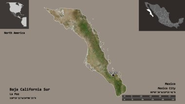 Baja California Sur 'un şekli, Meksika eyaleti ve başkenti. Uzaklık ölçeği, ön gösterimler ve etiketler. Uydu görüntüleri. 3B görüntüleme