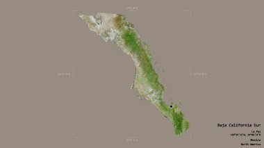 Baja California Sur bölgesi, Meksika eyaleti, jeoreferatlı bir sınır kutusunda sağlam bir arka planda izole edilmiş. Etiketler. Uydu görüntüleri. 3B görüntüleme
