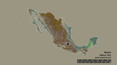 Başkenti, ana bölgesel bölümü ve ayrılan Campeche bölgesi ile Meksika 'nın dejenere edilmiş şekli. Etiketler. Topografik yardım haritası. 3B görüntüleme