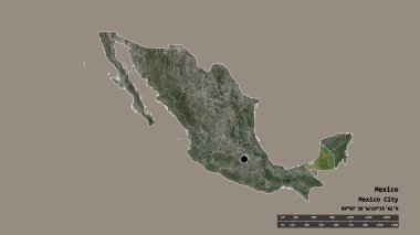 Başkenti, ana bölgesel bölümü ve ayrılan Campeche bölgesi ile Meksika 'nın dejenere edilmiş şekli. Etiketler. Uydu görüntüleri. 3B görüntüleme