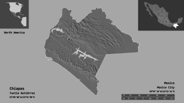 Chiapas 'ın şekli, Meksika eyaleti ve başkenti. Uzaklık ölçeği, ön gösterimler ve etiketler. Çift seviyeli yükseklik haritası. 3B görüntüleme