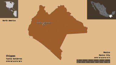 Chiapas 'ın şekli, Meksika eyaleti ve başkenti. Uzaklık ölçeği, ön gösterimler ve etiketler. Düzenli desenli dokuların bileşimi. 3B görüntüleme