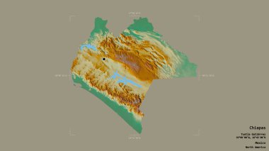 Chiapas bölgesi, Meksika eyaleti, jeoreferatlı bir sınır kutusunda sağlam bir arka planda izole edilmiş. Etiketler. Topografik yardım haritası. 3B görüntüleme