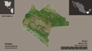 Chiapas 'ın şekli, Meksika eyaleti ve başkenti. Uzaklık ölçeği, ön gösterimler ve etiketler. Uydu görüntüleri. 3B görüntüleme