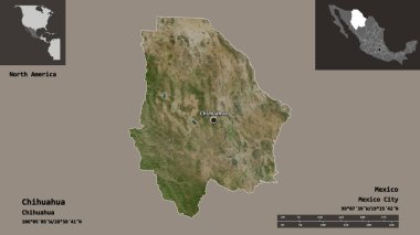 Chihuahua 'nın şekli, Meksika eyaleti ve başkenti. Uzaklık ölçeği, ön gösterimler ve etiketler. Uydu görüntüleri. 3B görüntüleme