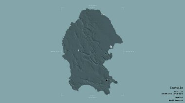 Coahuila bölgesi, Meksika eyaleti, jeoreferated sınır kutusunda sağlam bir arka planda izole edilmiş. Etiketler. Renkli yükseklik haritası. 3B görüntüleme