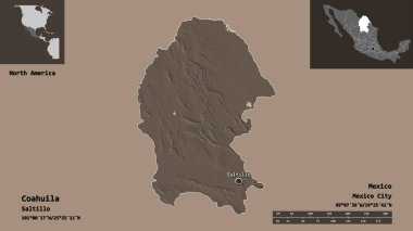 Coahuila 'nın şekli, Meksika eyaleti ve başkenti. Uzaklık ölçeği, ön gösterimler ve etiketler. Renkli yükseklik haritası. 3B görüntüleme