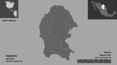 Coahuila 'nın şekli, Meksika eyaleti ve başkenti. Uzaklık ölçeği, ön gösterimler ve etiketler. Çift seviyeli yükseklik haritası. 3B görüntüleme
