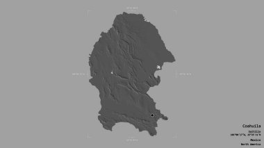 Coahuila bölgesi, Meksika eyaleti, jeoreferated sınır kutusunda sağlam bir arka planda izole edilmiş. Etiketler. Çift seviyeli yükseklik haritası. 3B görüntüleme