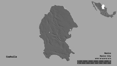 Coahuila 'nın şekli, Meksika eyaleti, başkenti sağlam arka planda izole edilmiş. Uzaklık ölçeği, bölge önizlemesi ve etiketleri. Çift seviyeli yükseklik haritası. 3B görüntüleme