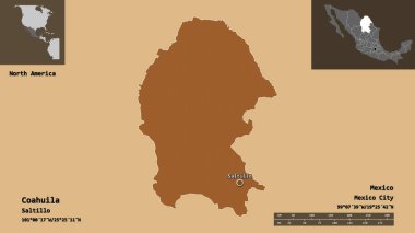 Coahuila 'nın şekli, Meksika eyaleti ve başkenti. Uzaklık ölçeği, ön gösterimler ve etiketler. Düzenli desenli dokuların bileşimi. 3B görüntüleme