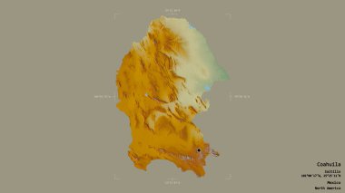 Coahuila bölgesi, Meksika eyaleti, jeoreferated sınır kutusunda sağlam bir arka planda izole edilmiş. Etiketler. Topografik yardım haritası. 3B görüntüleme