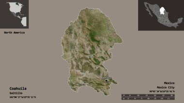 Coahuila 'nın şekli, Meksika eyaleti ve başkenti. Uzaklık ölçeği, ön gösterimler ve etiketler. Uydu görüntüleri. 3B görüntüleme