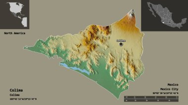 Colima 'nın şekli, Meksika eyaleti ve başkenti. Uzaklık ölçeği, ön gösterimler ve etiketler. Topografik yardım haritası. 3B görüntüleme