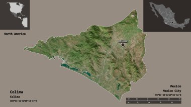 Colima 'nın şekli, Meksika eyaleti ve başkenti. Uzaklık ölçeği, ön gösterimler ve etiketler. Uydu görüntüleri. 3B görüntüleme