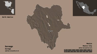 Durango 'nun şekli, Meksika eyaleti ve başkenti. Uzaklık ölçeği, ön gösterimler ve etiketler. Renkli yükseklik haritası. 3B görüntüleme