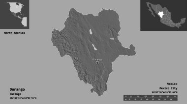Durango 'nun şekli, Meksika eyaleti ve başkenti. Uzaklık ölçeği, ön gösterimler ve etiketler. Çift seviyeli yükseklik haritası. 3B görüntüleme