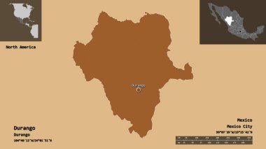 Durango 'nun şekli, Meksika eyaleti ve başkenti. Uzaklık ölçeği, ön gösterimler ve etiketler. Düzenli desenli dokuların bileşimi. 3B görüntüleme