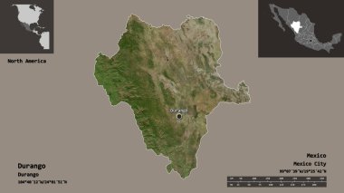 Durango 'nun şekli, Meksika eyaleti ve başkenti. Uzaklık ölçeği, ön gösterimler ve etiketler. Uydu görüntüleri. 3B görüntüleme
