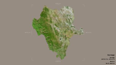 Durango bölgesi, Meksika eyaleti, jeoreferatlı bir sınır kutusunda sağlam bir arka planda izole edilmiş. Etiketler. Uydu görüntüleri. 3B görüntüleme