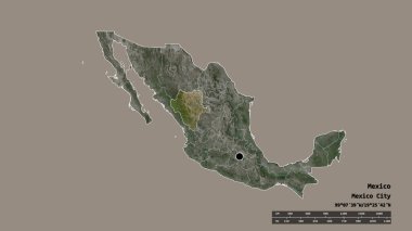 Başkenti, ana bölgesel bölümü ve ayrılmış Durango bölgesi ile Meksika 'nın dejenere edilmiş şekli. Etiketler. Uydu görüntüleri. 3B görüntüleme