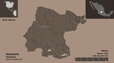 Guanajuato 'nun şekli, Meksika eyaleti ve başkenti. Uzaklık ölçeği, ön gösterimler ve etiketler. Renkli yükseklik haritası. 3B görüntüleme