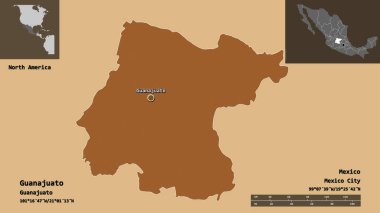 Guanajuato 'nun şekli, Meksika eyaleti ve başkenti. Uzaklık ölçeği, ön gösterimler ve etiketler. Düzenli desenli dokuların bileşimi. 3B görüntüleme