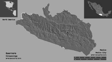 Guerrero 'nun şekli, Meksika eyaleti ve başkenti. Uzaklık ölçeği, ön gösterimler ve etiketler. Çift seviyeli yükseklik haritası. 3B görüntüleme