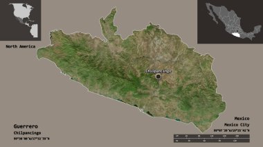 Guerrero 'nun şekli, Meksika eyaleti ve başkenti. Uzaklık ölçeği, ön gösterimler ve etiketler. Uydu görüntüleri. 3B görüntüleme
