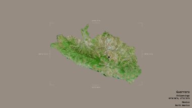 Guerrero bölgesi, Meksika eyaleti, sağlam bir arka planda izole edilmiş bir sınır kutusunda. Etiketler. Uydu görüntüleri. 3B görüntüleme